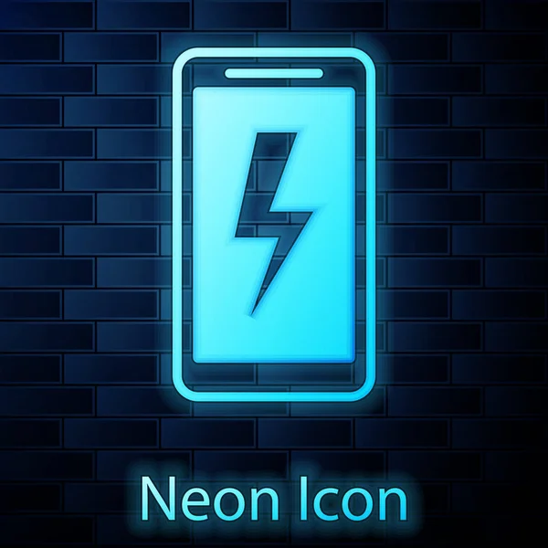 Świecący neon Smartphone ładowania ikona baterii izolowane na tle cegły ściany. Telefon z niskim naładowaniem akumulatora. Ilustracja wektora — Wektor stockowy