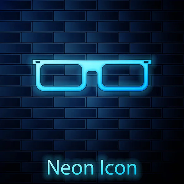 Gafas de neón brillante icono aislado en el fondo de la pared de ladrillo. Símbolo de marco de gafas. Ilustración vectorial — Vector de stock