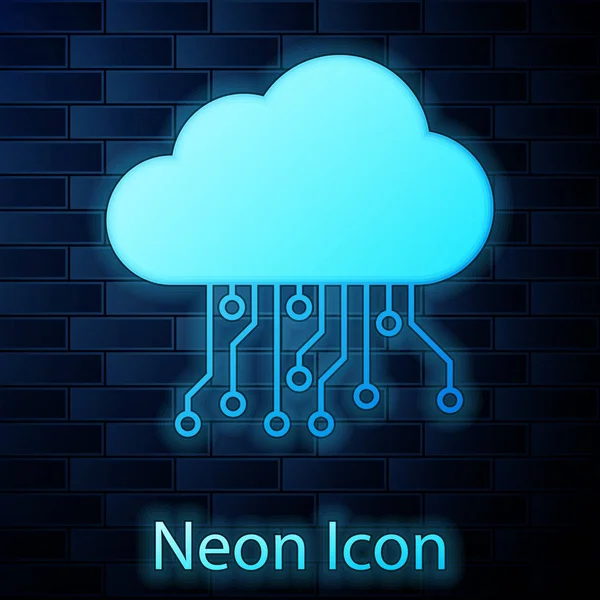 Gloeiende neon Internet van dingen pictogram geïsoleerd op bakstenen muur achtergrond. Cloud Computing design concept. Digitale netwerkverbinding. Vector illustratie — Stockvector