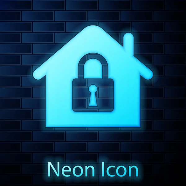 Glowing neon House under protection icon isolated on brick wall background. Home and lock. Protection, safety, security, protect, defense concept. Vector Illustration — Stock Vector