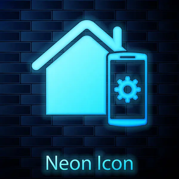 Glowing neon Smart home - remote control system icon isolated on brick wall background. Vector Illustration — Stock Vector