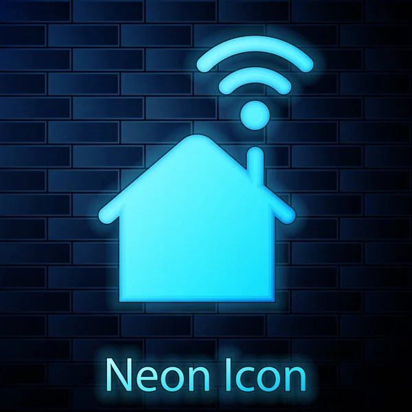 Leuchtende Neon Smart Home mit Wi-Fi-Symbol isoliert auf Backsteinwand Hintergrund. Fernbedienung. Vektorillustration — Stockvektor