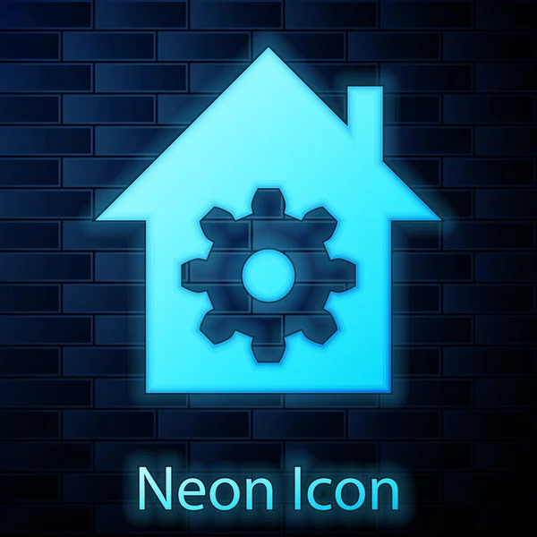 Icono de configuración del hogar inteligente de neón brillante aislado en el fondo de la pared de ladrillo. Control remoto. Ilustración vectorial — Vector de stock