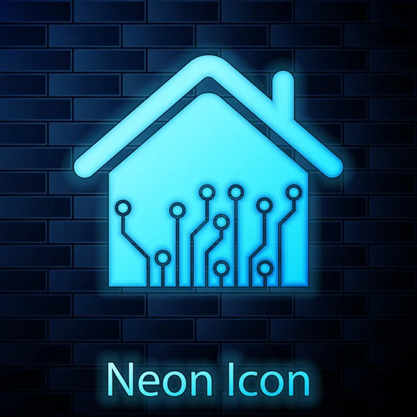 Lumineux néon Icône de maison intelligente isolée sur fond de mur de briques. Télécommande. Illustration vectorielle — Image vectorielle