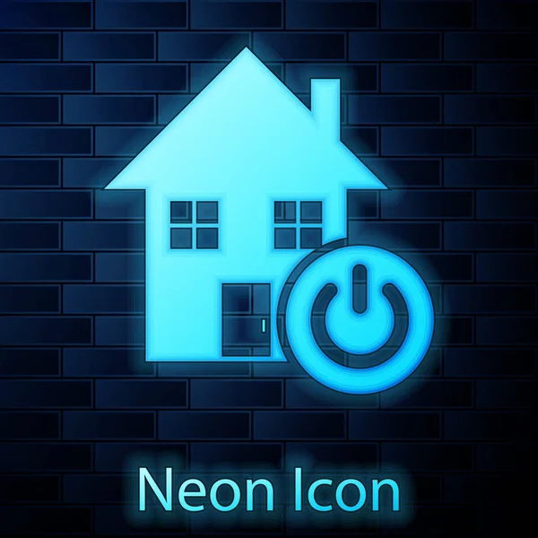 Gloeiende neon Smart Home pictogram geïsoleerd op bakstenen muur achtergrond. Afstandsbediening. Vector illustratie — Stockvector