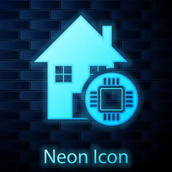 Glowing neon Smart home icon isolated on brick wall background. Remote control. Vector Illustration — Stock Vector
