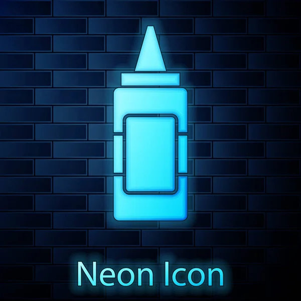 Leuchtende Neon-Senfflaschen-Ikone isoliert auf Backsteinmauer Hintergrund. Vektorillustration — Stockvektor