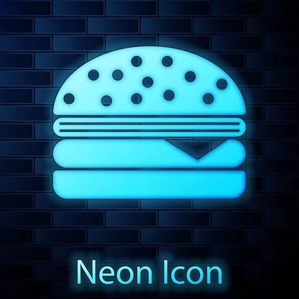 Icono de hamburguesa de neón brillante aislado en el fondo de la pared de ladrillo. Icono de hamburguesa. Signo de sándwich de hamburguesa con queso. Ilustración vectorial — Archivo Imágenes Vectoriales