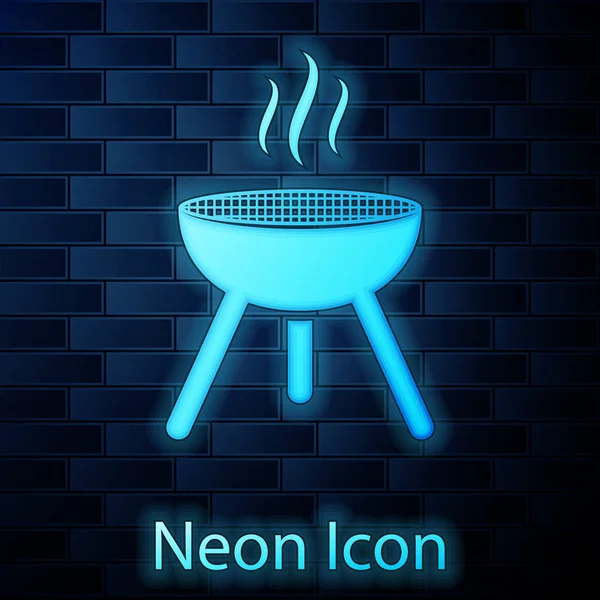 Leuchtende Neon-Grill-Symbol isoliert auf Ziegelwand Hintergrund. Grillparty. Vektorillustration — Stockvektor