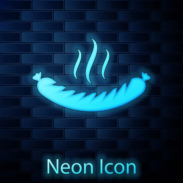Glödande Neon korv med ånga ikon isolerad på tegelvägg bakgrund. Grillad korv och arom skylt. Vektor illustration — Stock vektor