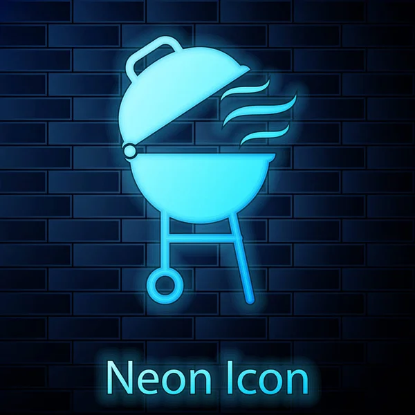 Leuchtende Neon-Grill-Symbol isoliert auf Ziegelwand Hintergrund. Grillparty. Vektorillustration — Stockvektor