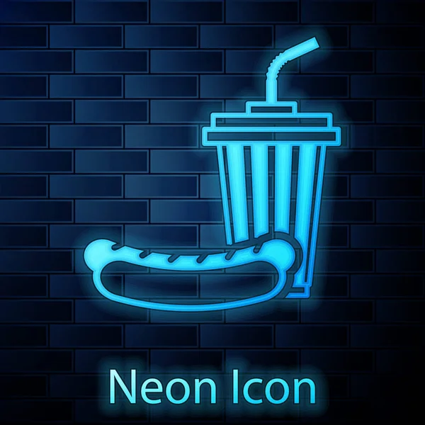Leuchtende Neon-Limo und Hotdog-Symbol isoliert auf Backsteinwand Hintergrund. Fast Food-Symbol. Vektorillustration — Stockvektor