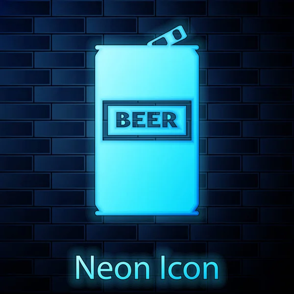 Birra al neon incandescente può icona isolata su sfondo muro di mattoni. Illustrazione vettoriale — Vettoriale Stock