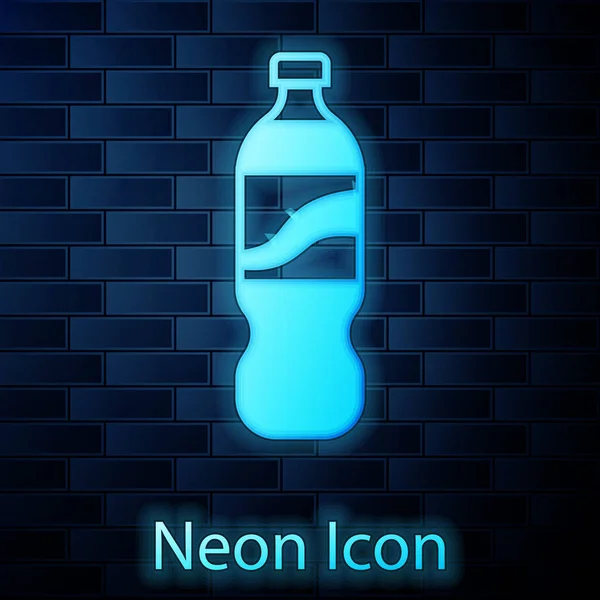 Lumineux néon Bouteille d'icône de l'eau isolée sur fond de mur de briques. Soda aqua boisson signe. Illustration vectorielle — Image vectorielle