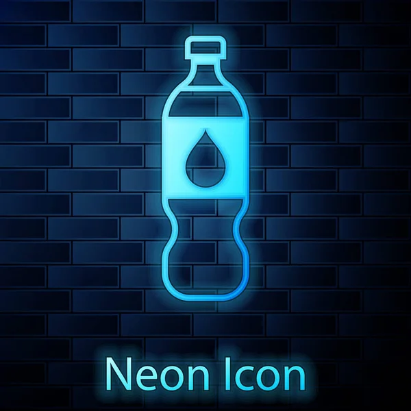 Lumineux néon Bouteille d'icône de l'eau isolée sur fond de mur de briques. Soda aqua boisson signe. Illustration vectorielle — Image vectorielle