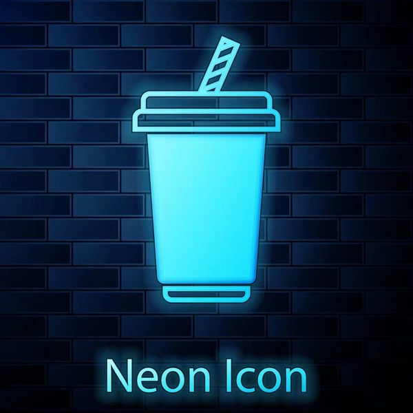Leuchtendes Neon-Glas mit Wassersymbol isoliert auf Backsteinwand Hintergrund. Soda-Trinkglas mit Trinkhalm. frisches Kaltgetränk Symbol. Vektorillustration — Stockvektor