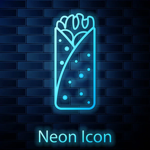 Glödande Neon burrito ikon isolerad på tegelvägg bakgrund. Traditionell mexikansk snabbmat. Vektor illustration — Stock vektor