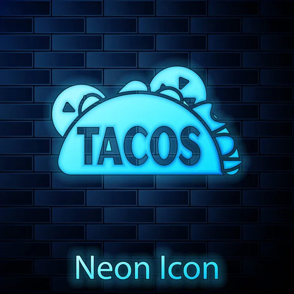 Taco fluorescente al neon con icona tortilla isolato su sfondo muro di mattoni. Fast food messicano tradizionale. Illustrazione vettoriale — Vettoriale Stock