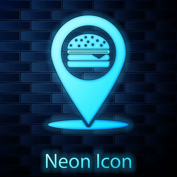 Puntero de mapa de neón brillante con icono de hamburguesa de comida rápida aislado en el fondo de la pared de ladrillo. Ilustración vectorial — Archivo Imágenes Vectoriales