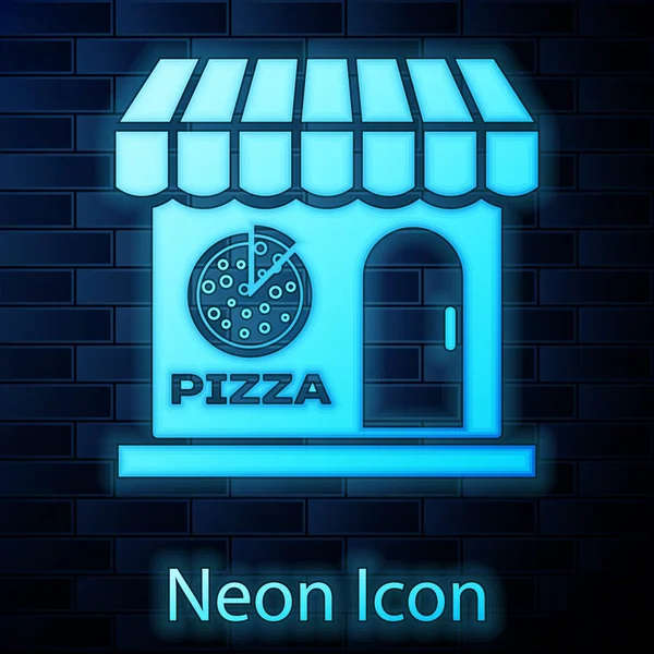Brilhante neon Pizzaria edifício fachada ícone isolado no fundo da parede de tijolo. Quiosque de pizzaria de comida rápida. Ilustração vetorial —  Vetores de Stock