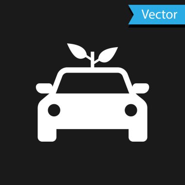 Siyah arka planda yaprak simgesi olan beyaz eko araba konsepti. Yeşil enerji araba sembolü. Vektör İllüstrasyonu