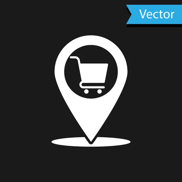 Puntero Mapa blanco con icono del carrito de compras aislado sobre fondo negro. Tienda de puntos de pin y compras. Símbolo de cesta de supermercado. Ilustración vectorial — Vector de stock
