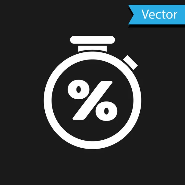 Chronomètre blanc et icône de réduction en pourcentage isolé sur fond noir. Signe de minuterie. Illustration vectorielle — Image vectorielle