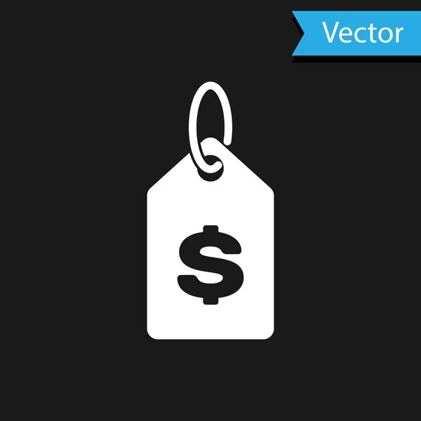 White Price tag com ícone de dólar isolado no fundo preto. Distintivo por preço. Venda com símbolo de dólar. Desconto de marca promocional. Ilustração vetorial — Vetor de Stock