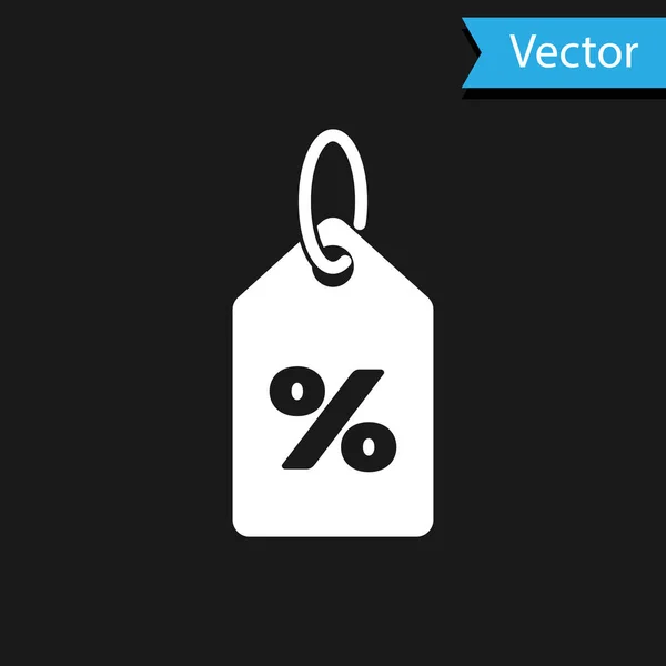 Icono de etiqueta de porcentaje de descuento blanco aislado sobre fondo negro. Señal de etiqueta de compra. Señal de oferta especial. Cupones de descuento símbolo. Ilustración vectorial — Vector de stock