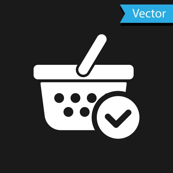 Cesta de la compra blanca con icono de marca de verificación aislado sobre fondo negro. Cesta de supermercado con aprobado, confirmar, hecho, garrapata, símbolo completado. Ilustración vectorial — Vector de stock