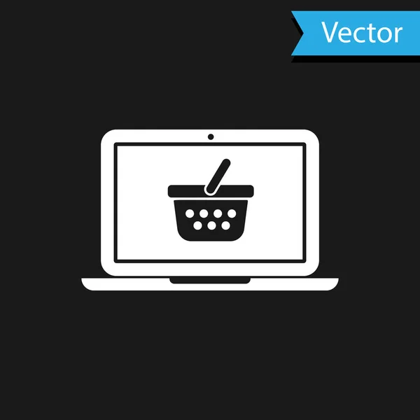 Weißer Warenkorb auf dem Bildschirm Laptop-Symbol isoliert auf schwarzem Hintergrund. Konzept E-Commerce, E-Business, Online Business Marketing. Vektorillustration — Stockvektor