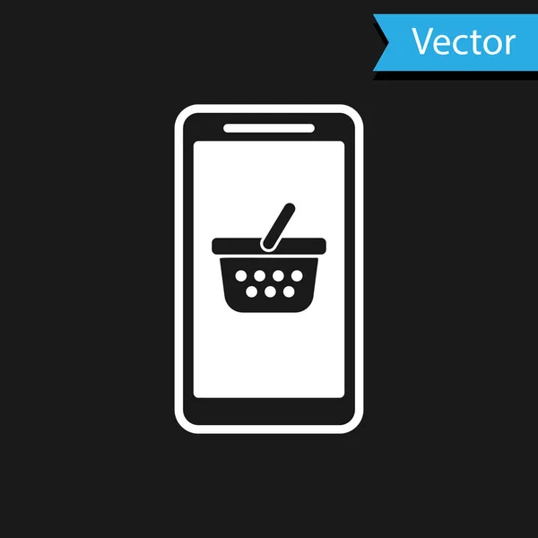 Telefone celular branco e ícone da cesta de compras isolado no fundo preto. Símbolo de compra online. Símbolo da cesta de supermercado. Ilustração vetorial — Vetor de Stock