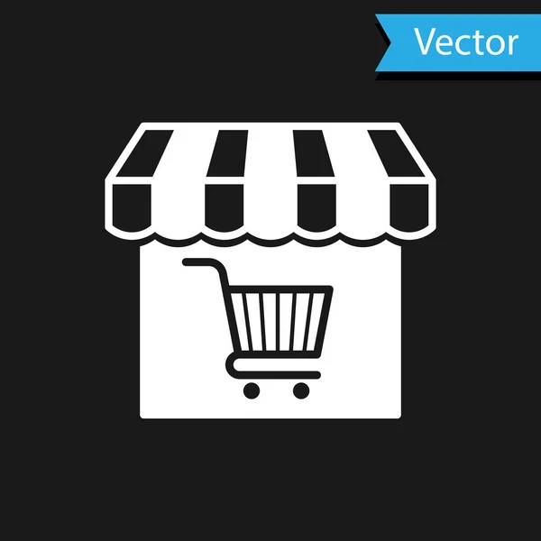 Weißes Einkaufsgebäude oder Marktgeschäft mit Warenkorb-Symbol auf schwarzem Hintergrund. Ladenbau. Supermarkt-Warenkorb Symbol. Vektorillustration — Stockvektor