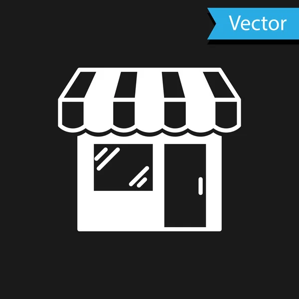 White Shopping building or market store icon isolated on black background. Shop construction. Vector Illustration — Stock Vector