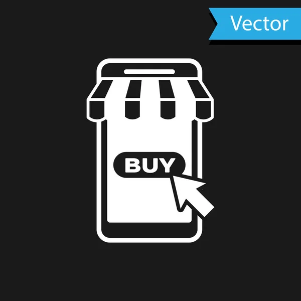 Weißes Handy und Einkaufswagen mit gestreiftem Markisensymbol isoliert auf schwarzem Hintergrund. Online-Kauf-Symbol. Supermarkt-Warenkorb Symbol. Vektorillustration — Stockvektor