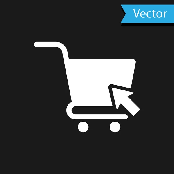 White Shopping cart with cursor icon isolated on black background. Online buying concept. Delivery service sign. Supermarket basket symbol. Vector Illustration — Stock Vector