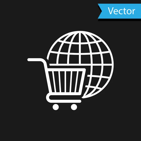 黒の背景に隔離された地球のアイコンを持つホワイトショッピングカート。オンライン購入の概念。世界市場の概念。スーパーマーケットバスケットのシンボル。ベクターイラスト — ストックベクタ