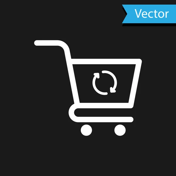 White Refresh shopping cart icon isolated on black background. Online buying concept. Delivery service sign. Update supermarket basket symbol. Vector Illustration — Stock Vector