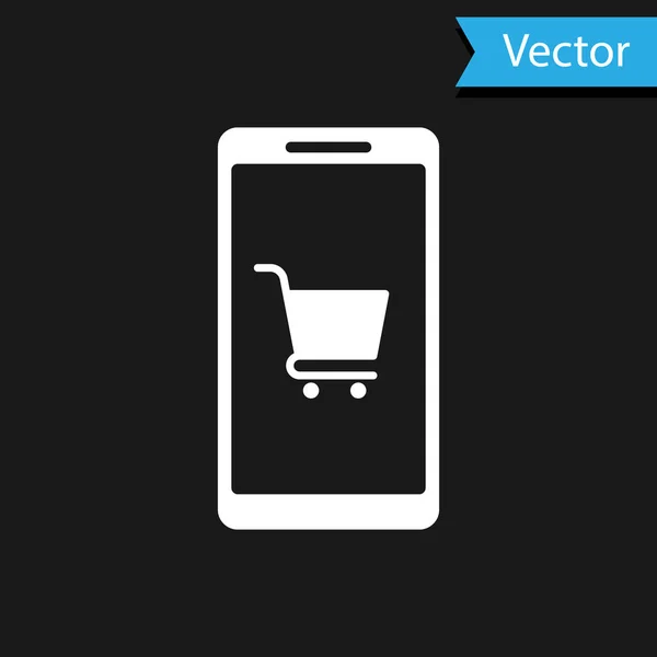 Weißes Handy und Warenkorb-Symbol isoliert auf schwarzem Hintergrund. Online-Kauf-Symbol. Supermarkt-Warenkorb Symbol. Vektorillustration — Stockvektor