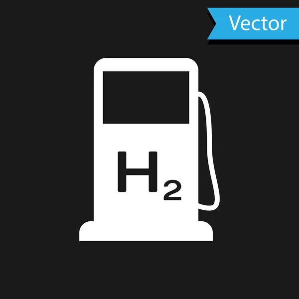 Ícone de estação de enchimento de hidrogênio branco isolado no fundo preto. Sinal da estação H2. Ilustração vetorial — Vetor de Stock