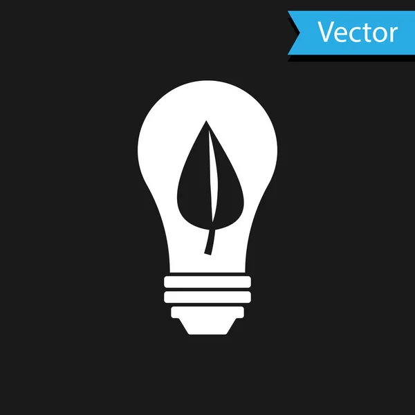 Bombilla blanca con icono de hoja aislada sobre fondo negro. Concepto de energía ecológica. Concepto de energía alternativa. Ilustración vectorial — Archivo Imágenes Vectoriales