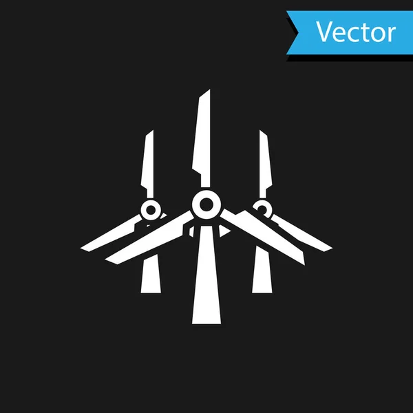 Значок "Белые ветряные турбины" изолирован на черном фоне. Знак ветрогенератора. Силуэт мельницы. Ветряные мельницы для производства электроэнергии. Векторная миграция — стоковый вектор
