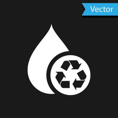 Siyah arkaplanda beyaz geri dönüşümlü temiz su simgesi var. İşaret geri dönüşümlü bir damla su. Vektör İllüstrasyonu