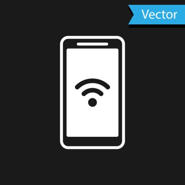 Bedava kablosuz kablosuz bağlantı ikonu olan beyaz akıllı telefon siyah arkaplanda izole edildi. Kablosuz teknoloji, kablosuz bağlantı, kablosuz ağ. Vektör İllüstrasyonu
