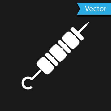 Beyaz ızgara şiş kebap siyah arka planda izole edilmiş şiş çubuk ikonu. Şiş çubukta et kebabı. Izgara etle piknik. Vektör İllüstrasyonu
