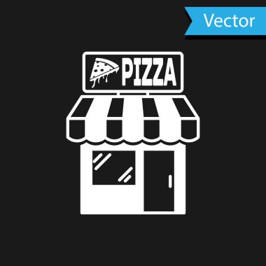 Beyaz Pizzacı ön plan simgesi siyah arka planda izole edildi. Fast food pizzacı büfesi. Vektör İllüstrasyonu