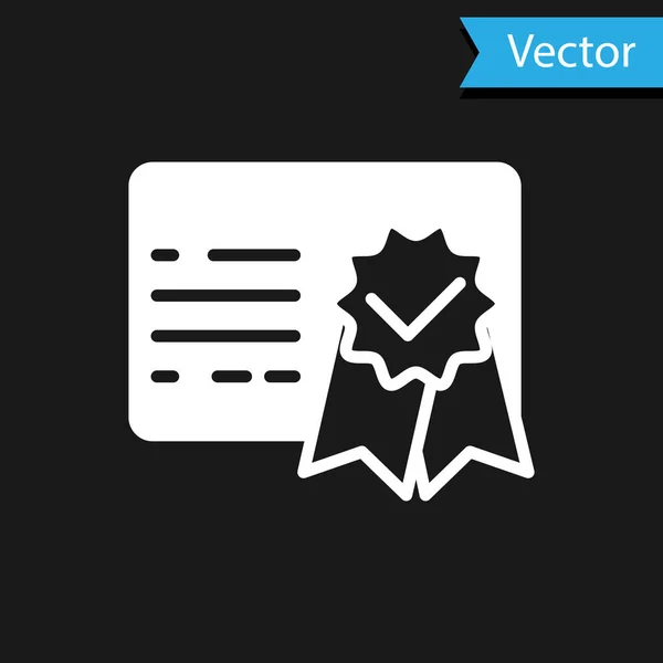 Ícone de modelo de certificado branco isolado no fundo preto. Conquista, prêmio, grau, bolsa, conceitos de diploma. Certificado de sucesso empresarial. Ilustração vetorial — Vetor de Stock