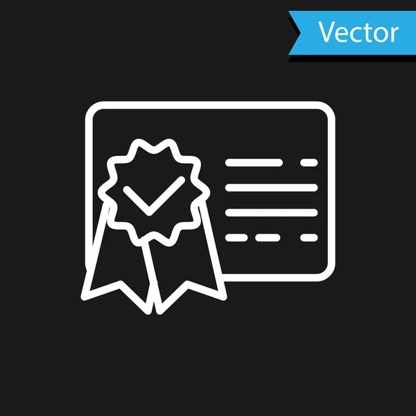 Weißes Symbol für die Vorlage eines Zertifikats, isoliert auf schwarzem Hintergrund. Leistung, Auszeichnung, Abschluss, Stipendium, Diplomkonzepte. Geschäftserfolgsbescheinigung. Vektorillustration — Stockvektor