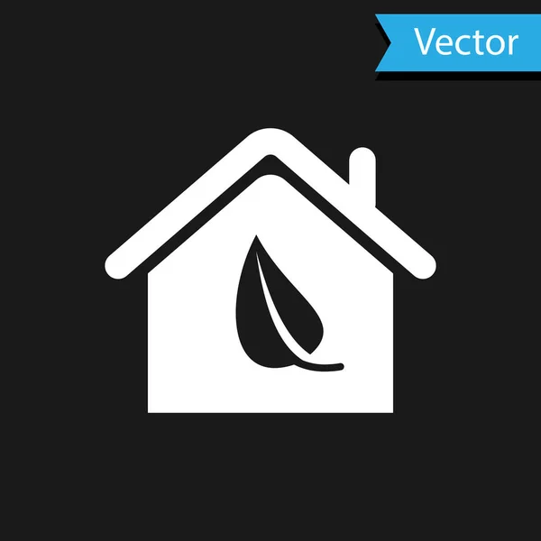 Blanco Eco icono de la casa amigable aislado sobre fondo negro. Eco casa con hoja. Ilustración vectorial — Vector de stock