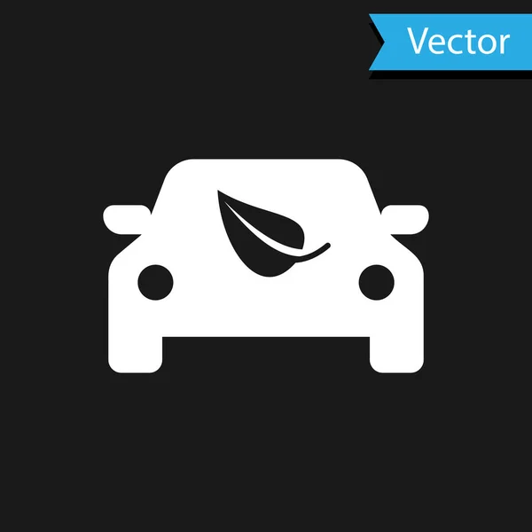 Blanc Eco voiture concept drive avec icône feuille isolé sur fond noir. Symbole voiture énergie verte. Illustration vectorielle — Image vectorielle